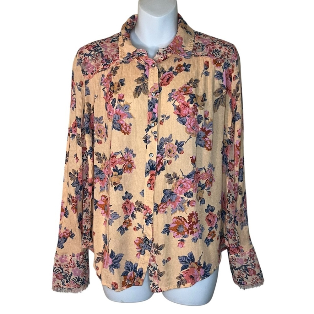 Free People Coral Hold On To Me Floral Printed Button Down Top Size M